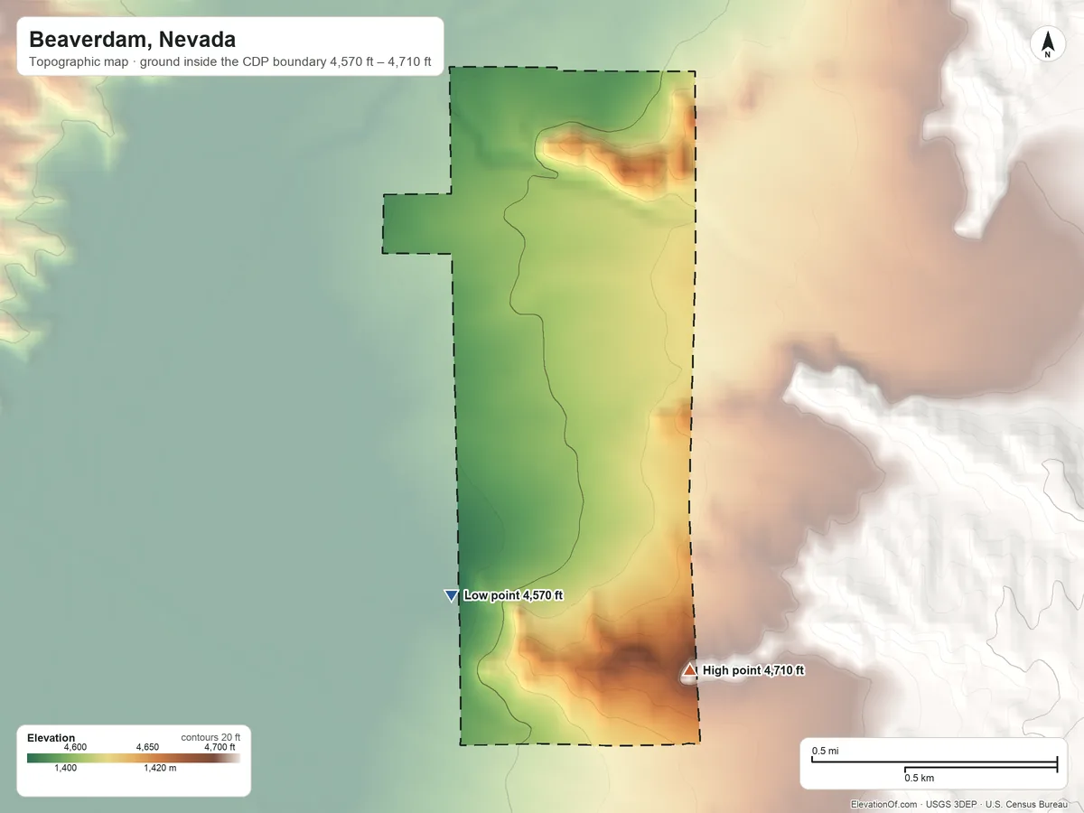 Topographic elevation map of Beaverdam, Nevada, shaded from 4,570 ft on the southwest side to 4,710 ft on the south side