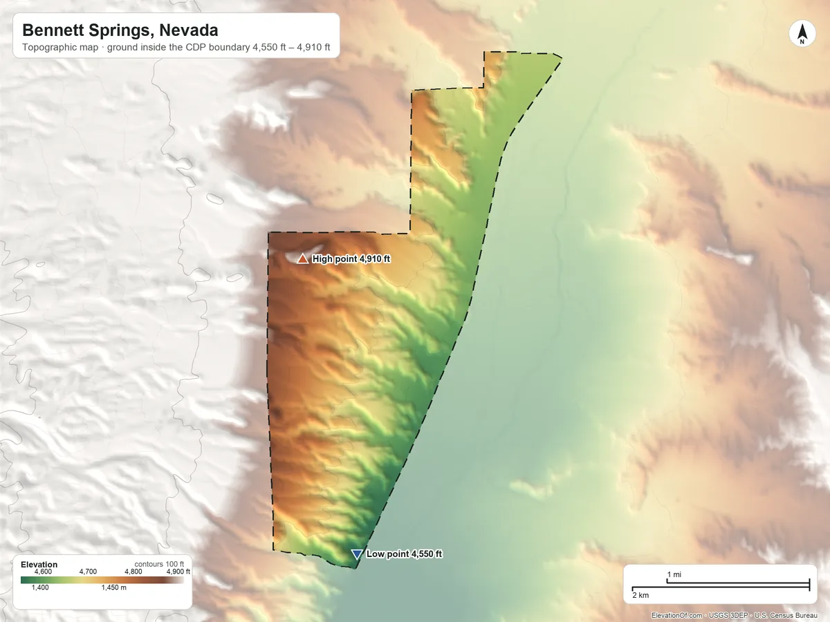 Topographic elevation map of Bennett Springs, Nevada, shaded from 4,550 ft on the south side to 4,910 ft at the foot of the Chief Range