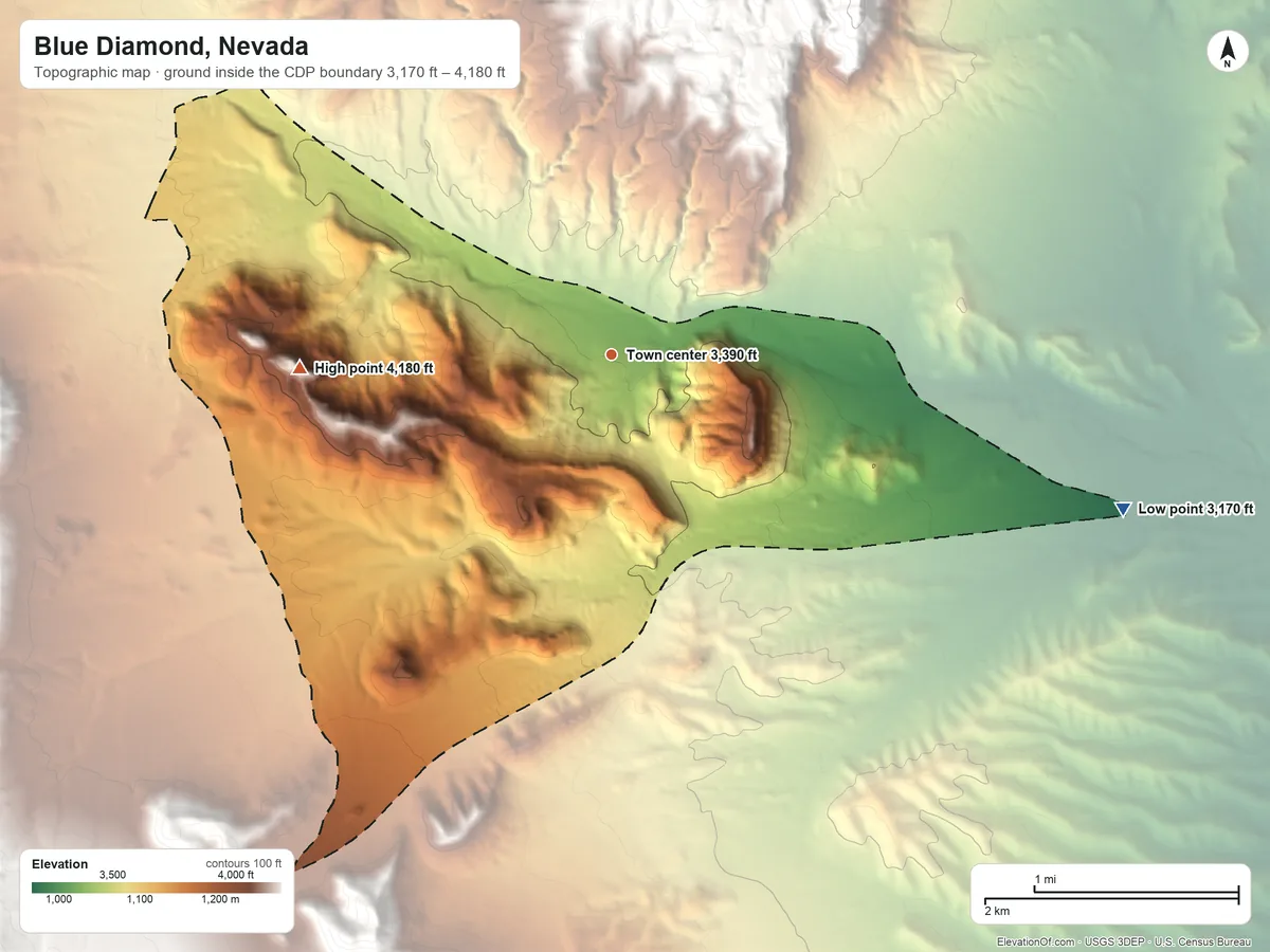 Topographic elevation map of Blue Diamond, Nevada, shaded from 3,170 ft on the east side to 4,180 ft at the foot of the Bird Spring Range