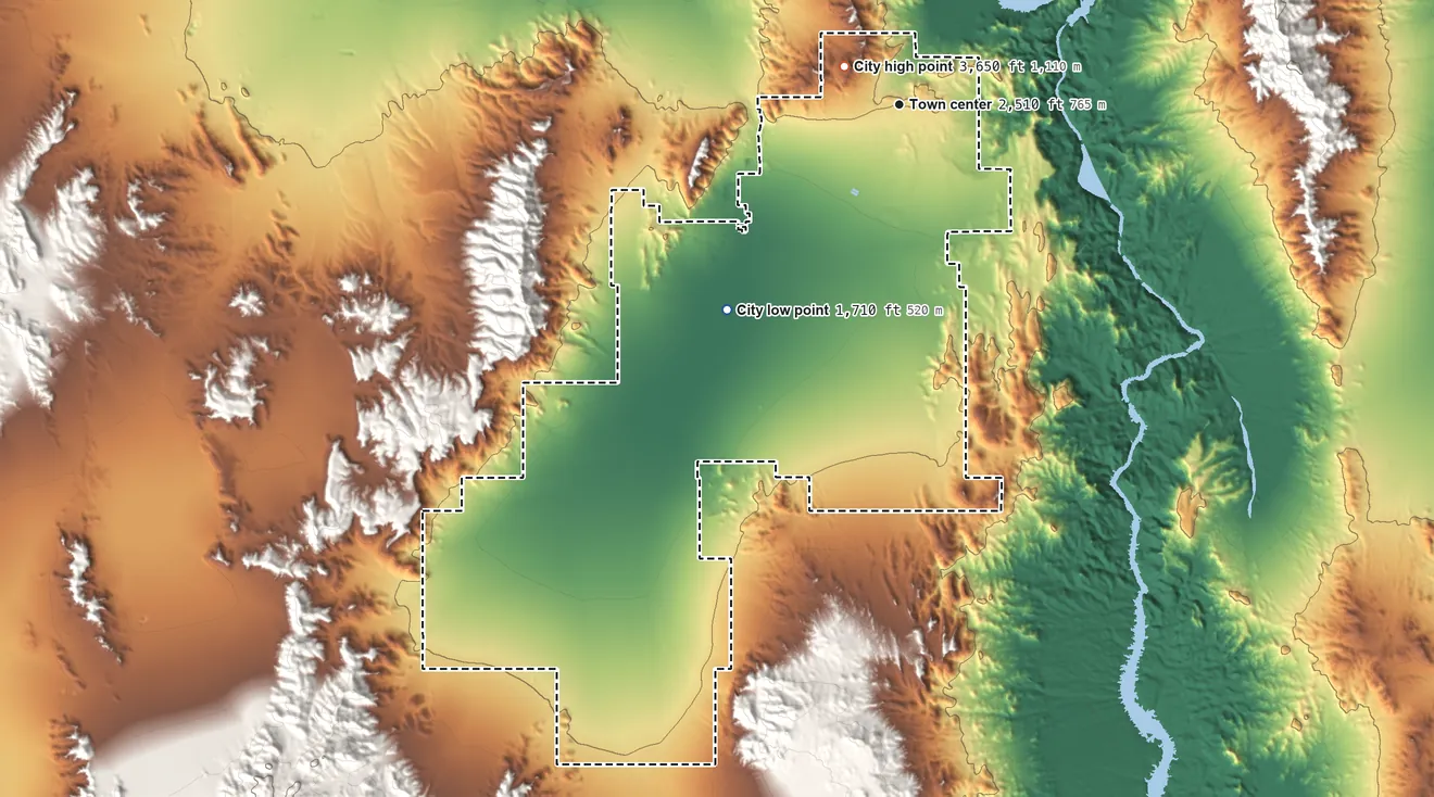 Topographic elevation map of Boulder City, Nevada, shaded from 1,710 ft on the southwest side to 3,650 ft near the middle