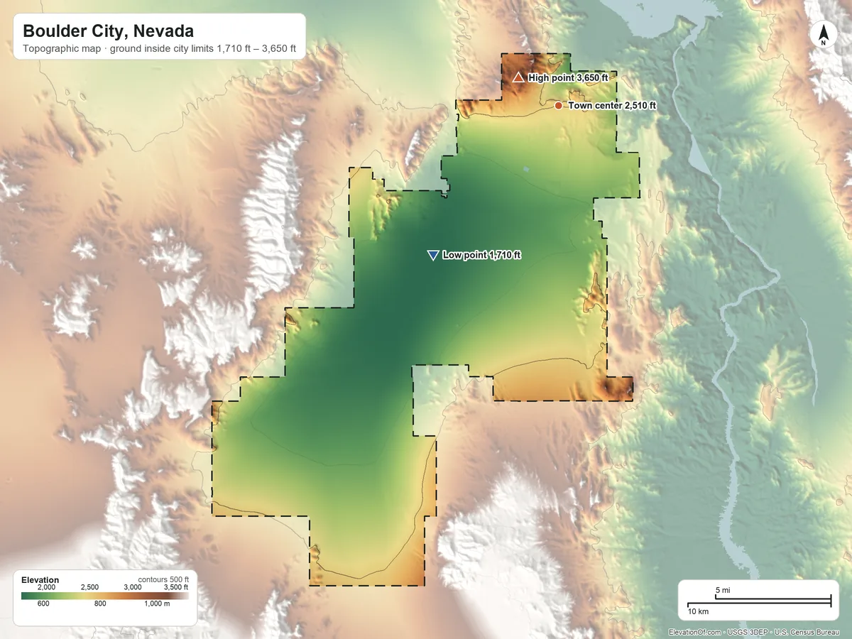 Topographic elevation map of Boulder City, Nevada, shaded from 1,710 ft on the southwest side to 3,650 ft near the middle