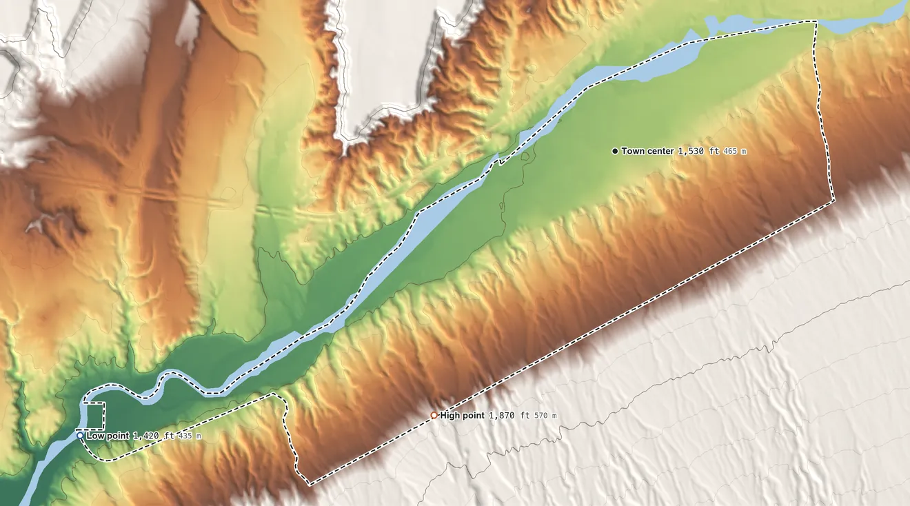 Topographic elevation map of Bunkerville, Nevada, shaded from 1,420 ft on the southwest side to 1,870 ft at the foot of the Virgin Mountains