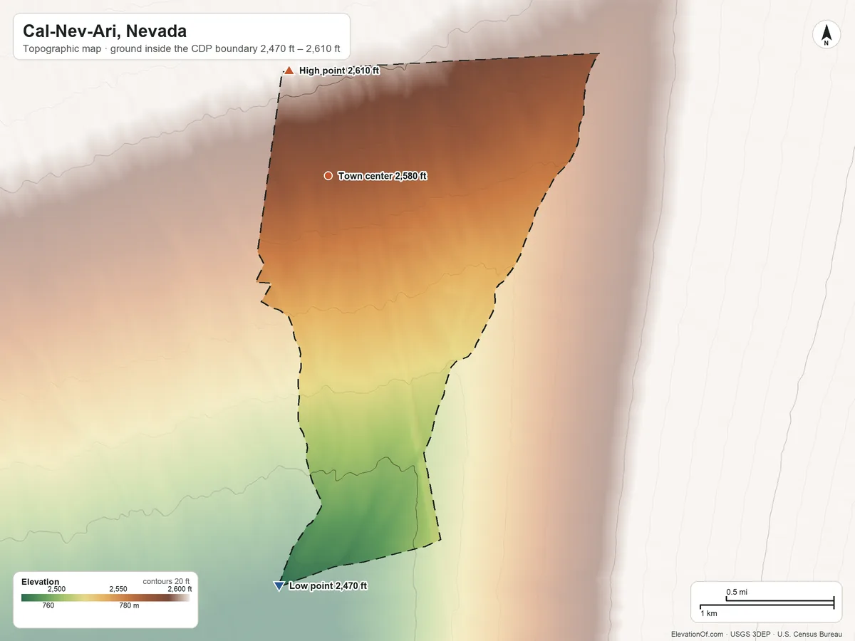 Topographic elevation map of Cal-Nev-Ari, Nevada, shaded from 2,470 ft on the south side to 2,610 ft on the north side