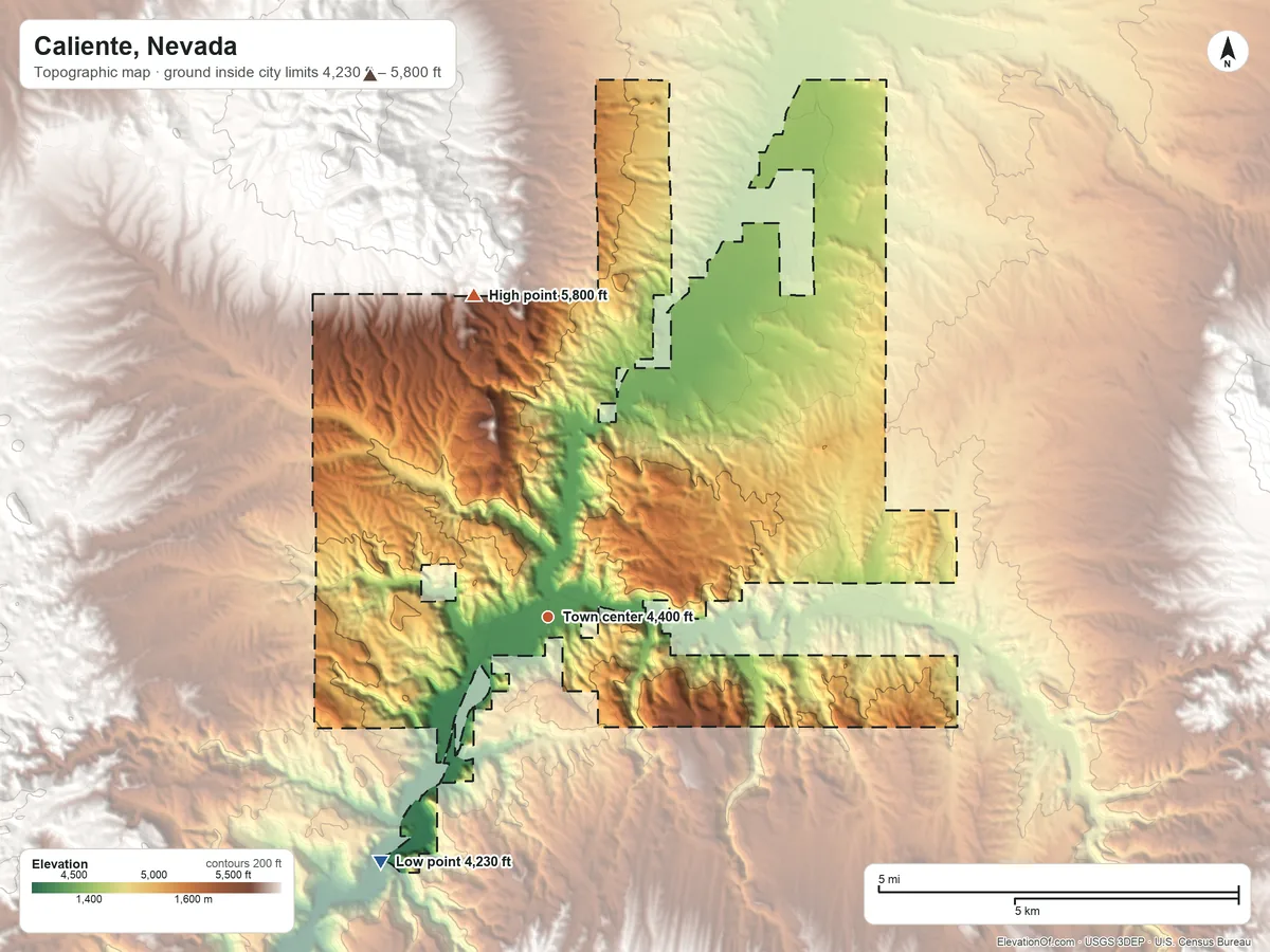 Topographic elevation map of Caliente, Nevada, shaded from 4,230 ft on the southwest side to 5,800 ft at the foot of the Chief Range