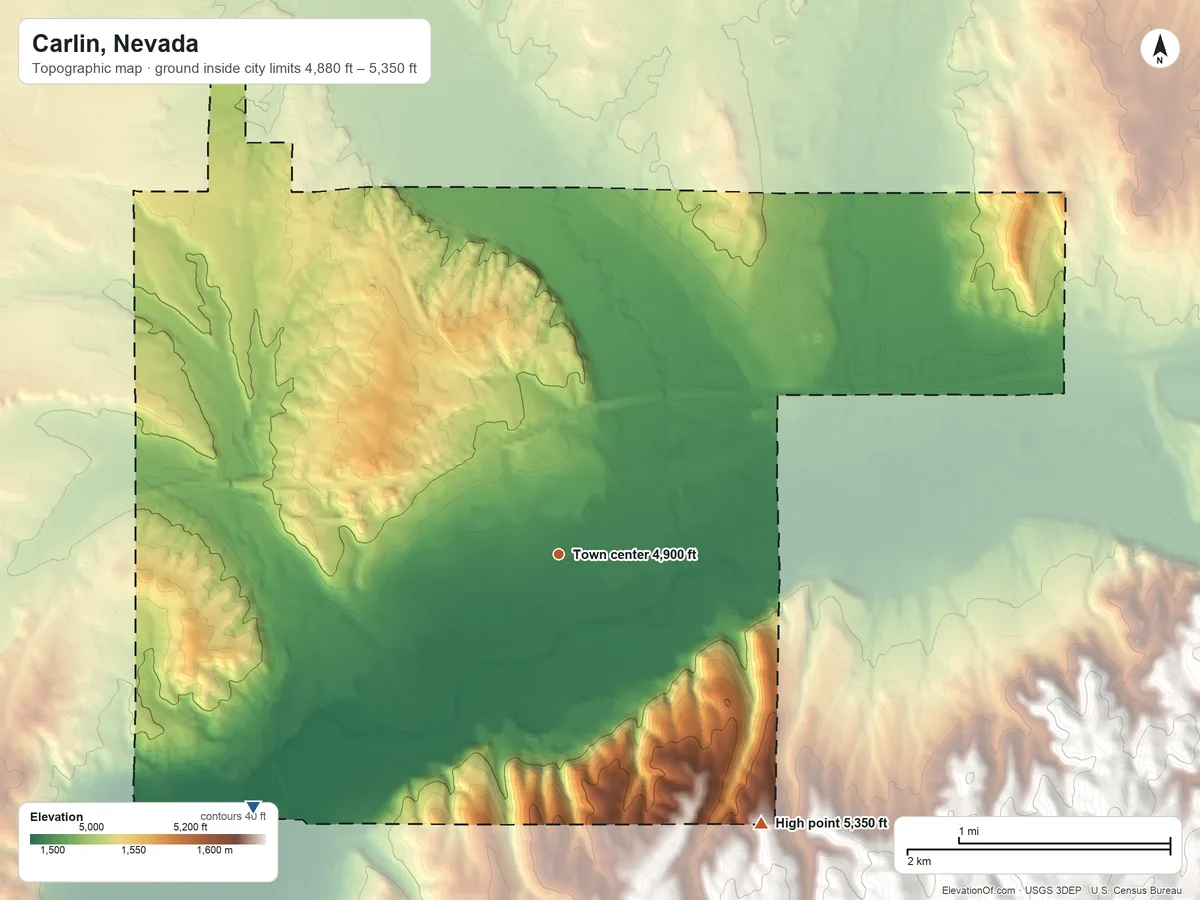 Topographic elevation map of Carlin, Nevada, shaded from 4,880 ft on the southwest side to 5,350 ft at the foot of the Piñon Range
