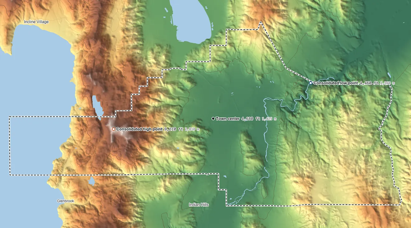 Topographic elevation map of Carson City, Nevada, shaded from 4,460 ft on the east side to 9,210 ft on Snow Valley Peak