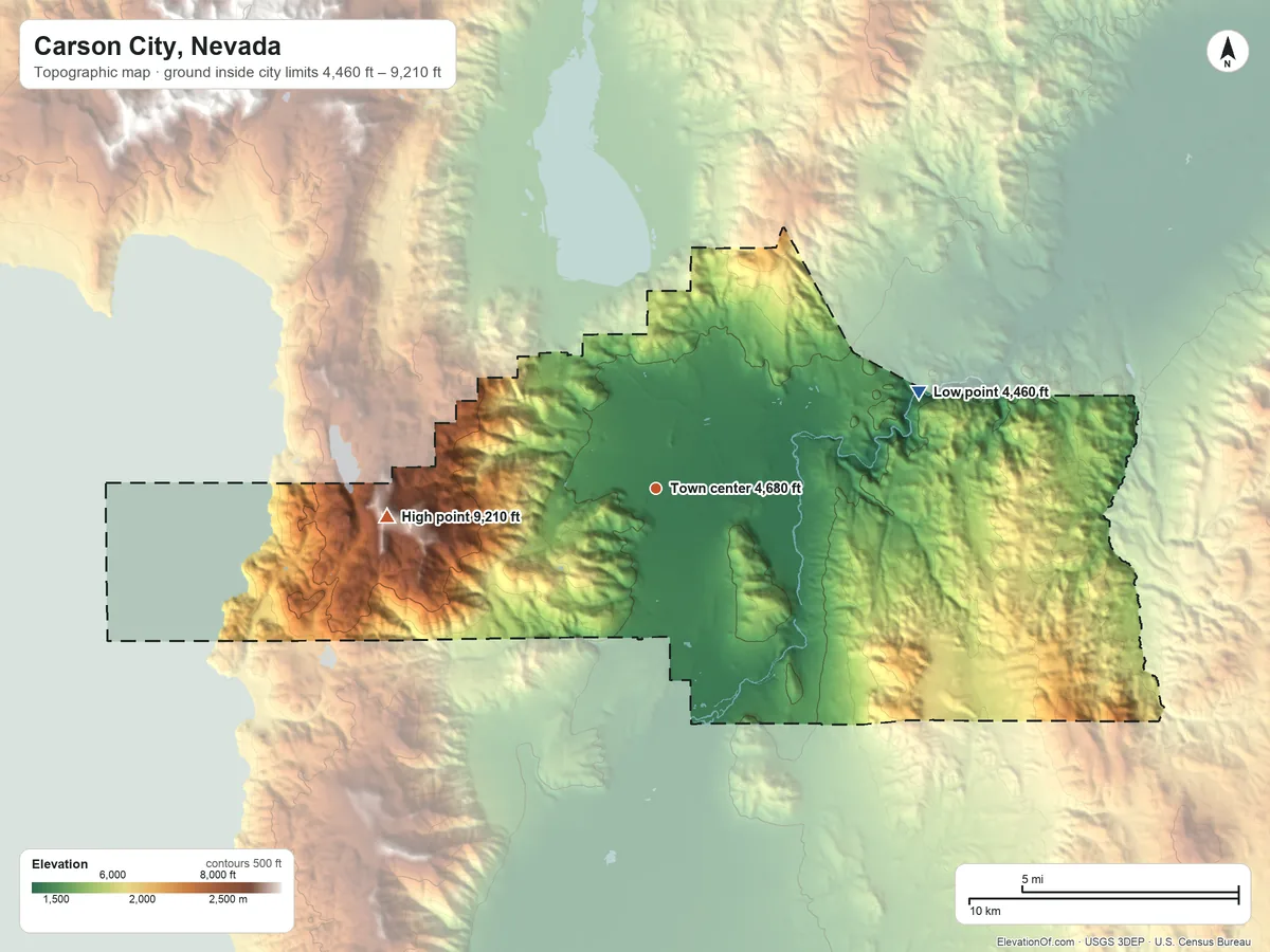 Topographic elevation map of Carson City, Nevada, shaded from 4,460 ft on the east side to 9,210 ft on Snow Valley Peak