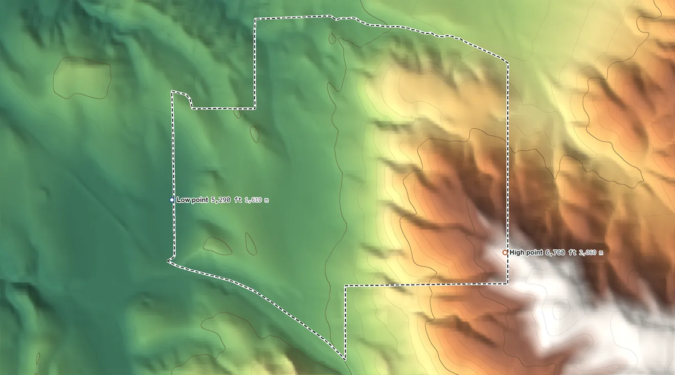 Topographic elevation map of Carter Springs, Nevada, shaded from 5,290 ft on the northwest side to 6,760 ft at the foot of the Pine Nut Mountains