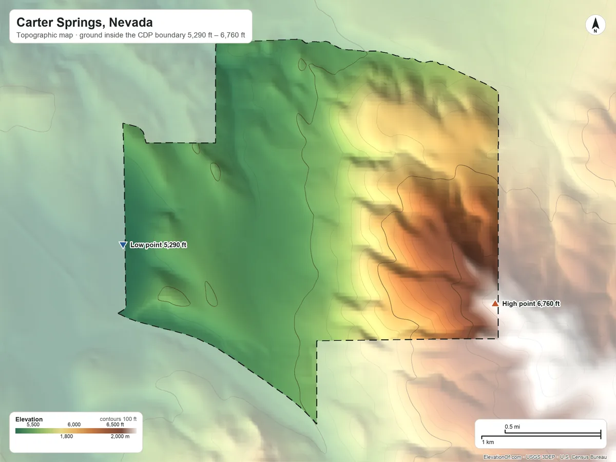 Topographic elevation map of Carter Springs, Nevada, shaded from 5,290 ft on the northwest side to 6,760 ft at the foot of the Pine Nut Mountains