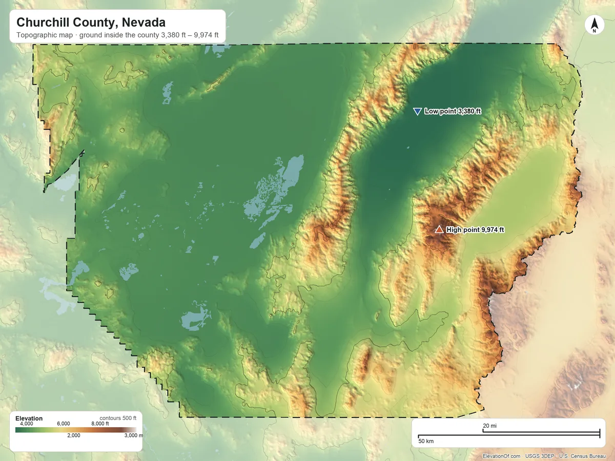 Topographic elevation map of Churchill County, Nevada, shaded from 3,380 ft on the northeast side to 9,974 ft on Mount Augusta