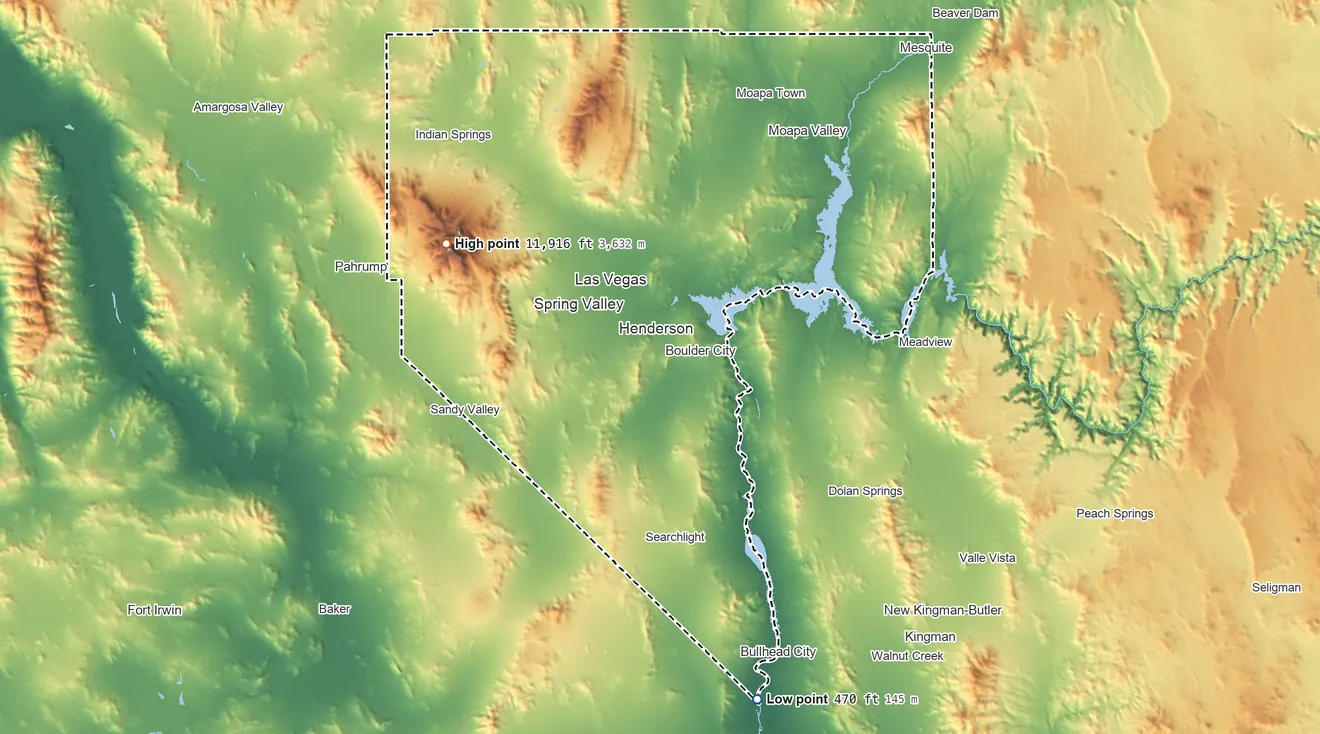 Topographic elevation map of Clark County, Nevada, shaded from 470 ft on the south side to 11,916 ft on Charleston Peak