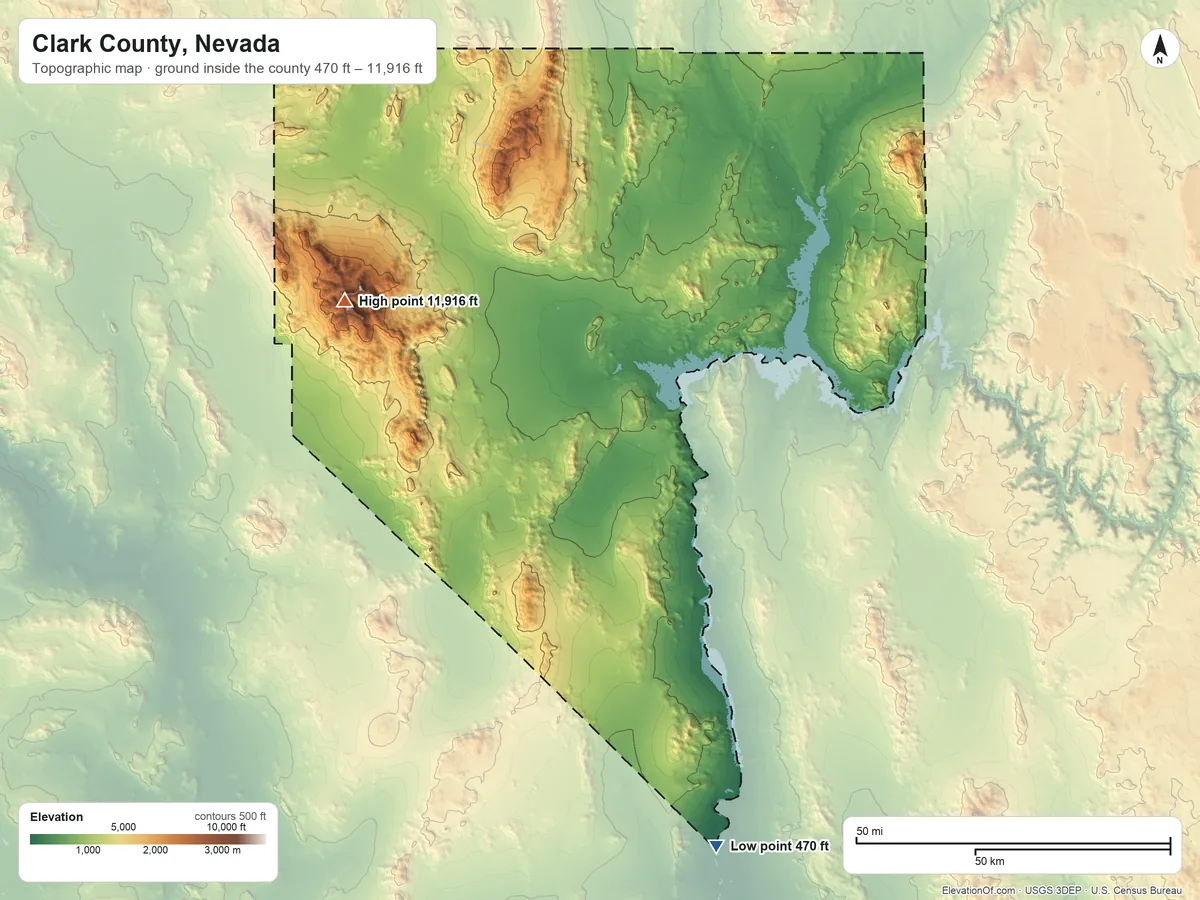 Topographic elevation map of Clark County, Nevada, shaded from 470 ft on the south side to 11,916 ft on Charleston Peak