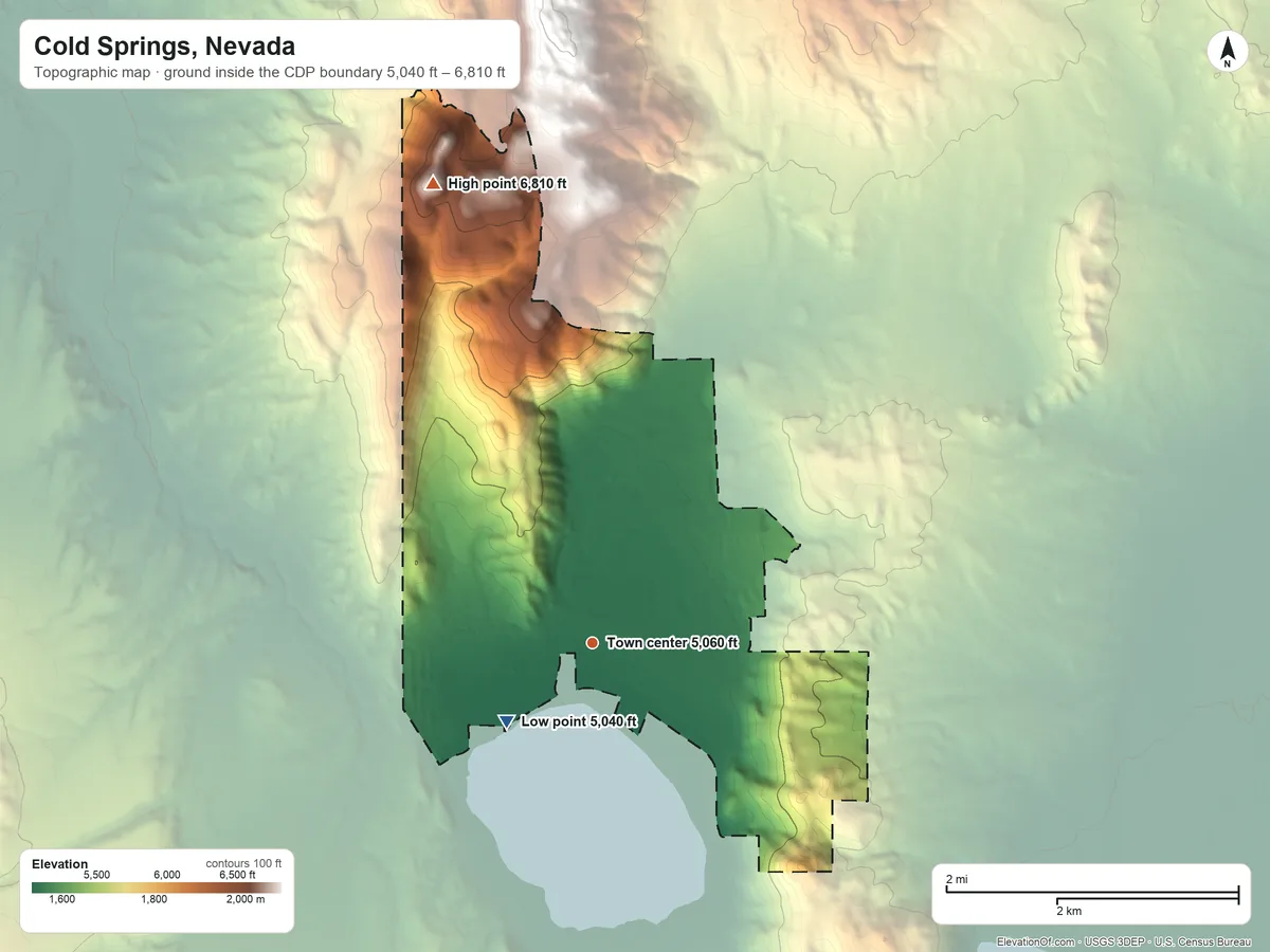 Topographic elevation map of Cold Springs, Nevada, shaded from 5,040 ft on the southwest side to 6,810 ft at the foot of the French Mountains