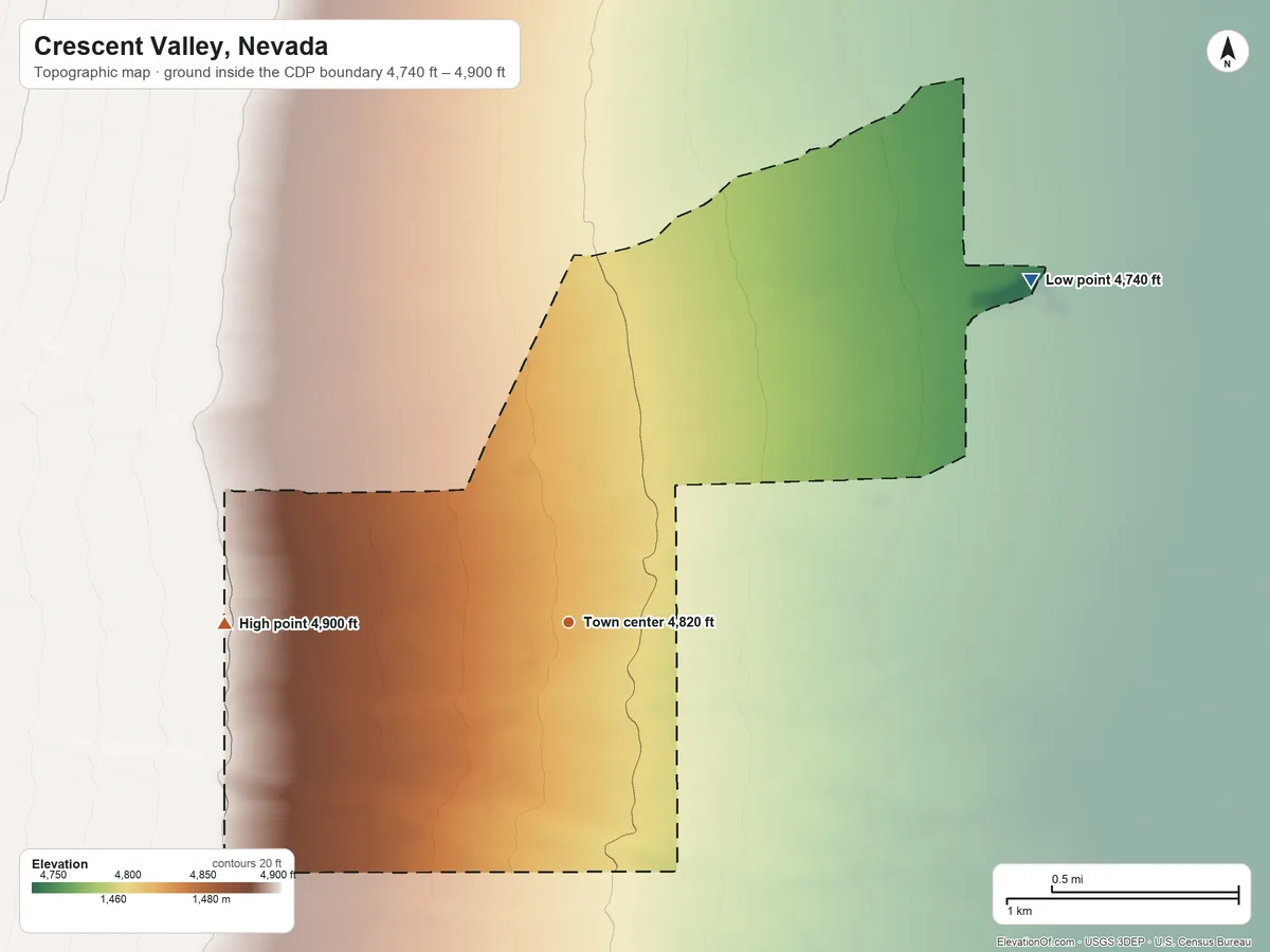 Topographic elevation map of Crescent Valley, Nevada, shaded from 4,740 ft on the northeast side to 4,900 ft on the west side
