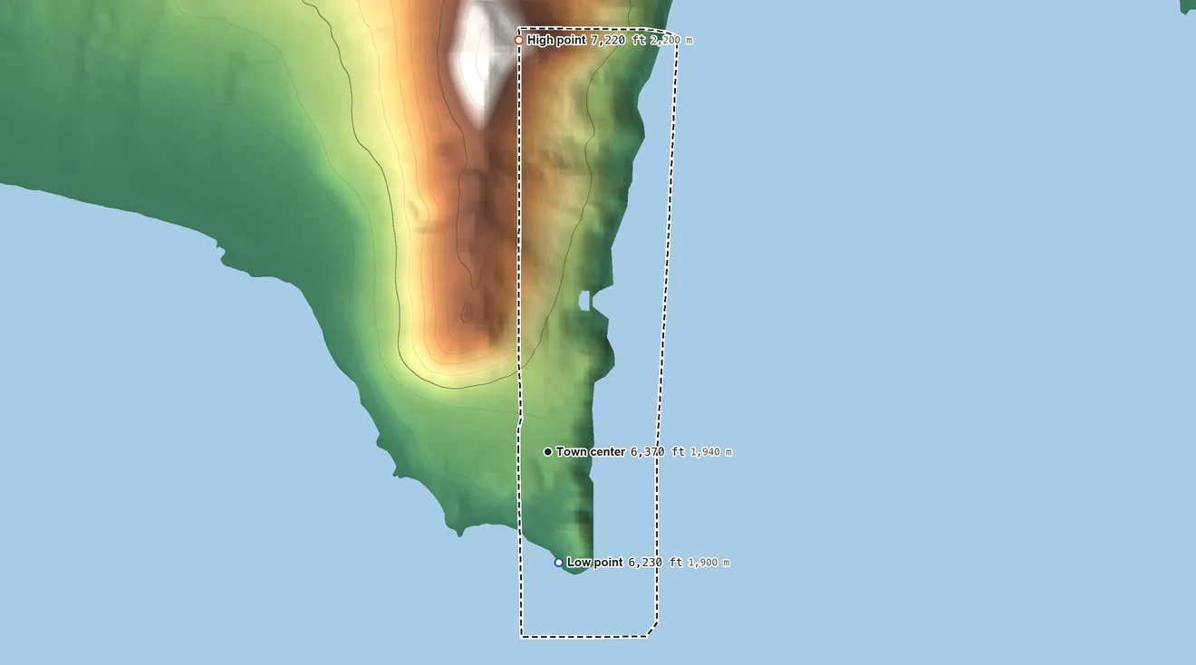 Topographic elevation map of Crystal Bay, Nevada, shaded from 6,230 ft on the south side to 7,220 ft at the foot of the Carson Range