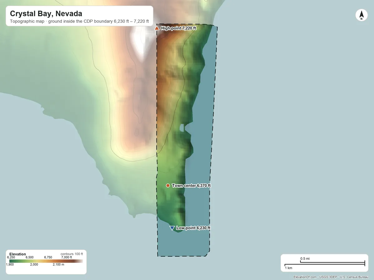 Topographic elevation map of Crystal Bay, Nevada, shaded from 6,230 ft on the south side to 7,220 ft at the foot of the Carson Range