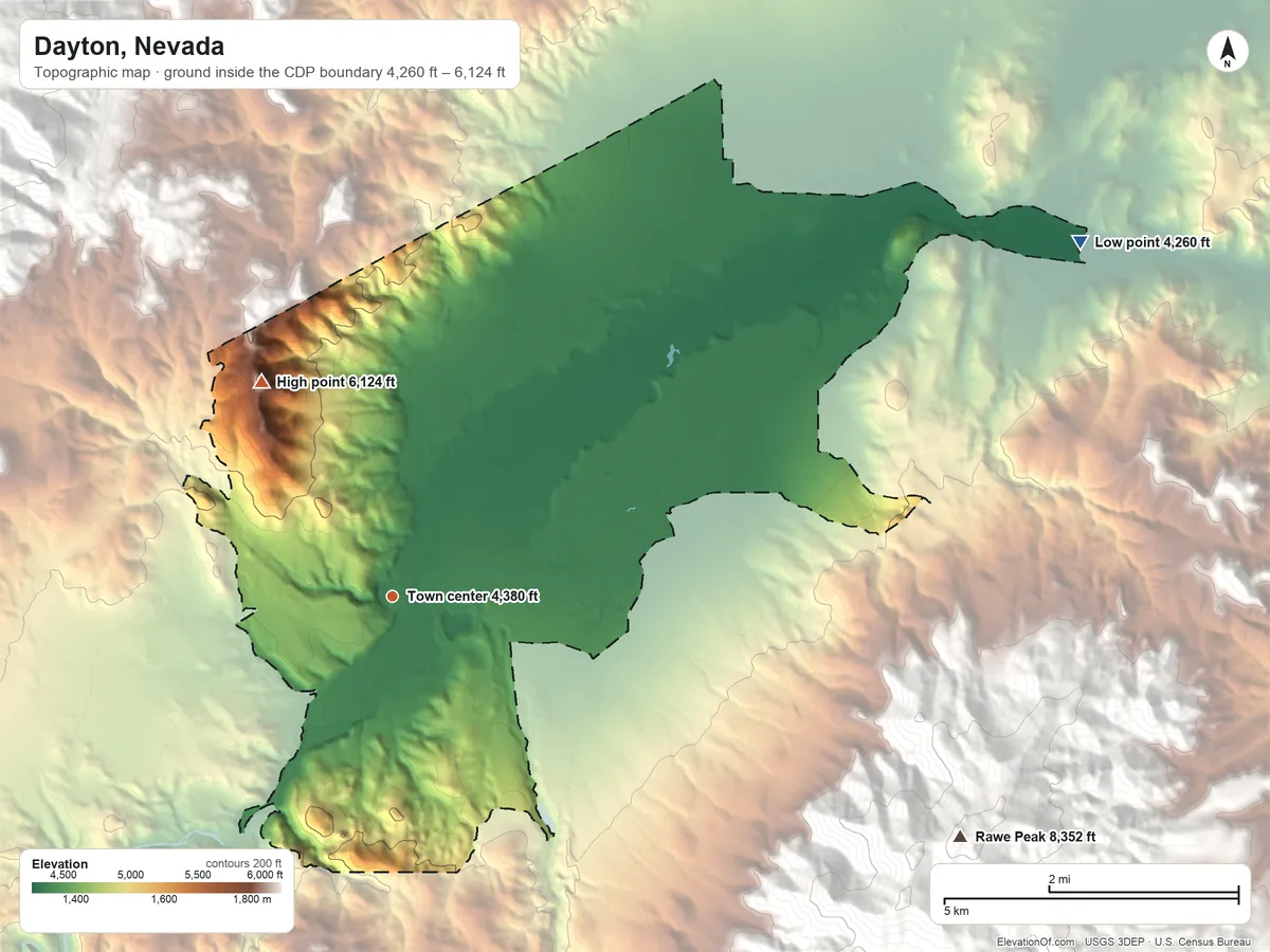 Topographic elevation map of Dayton, Nevada, shaded from 4,260 ft on the northeast side to 6,124 ft on Kate Peak