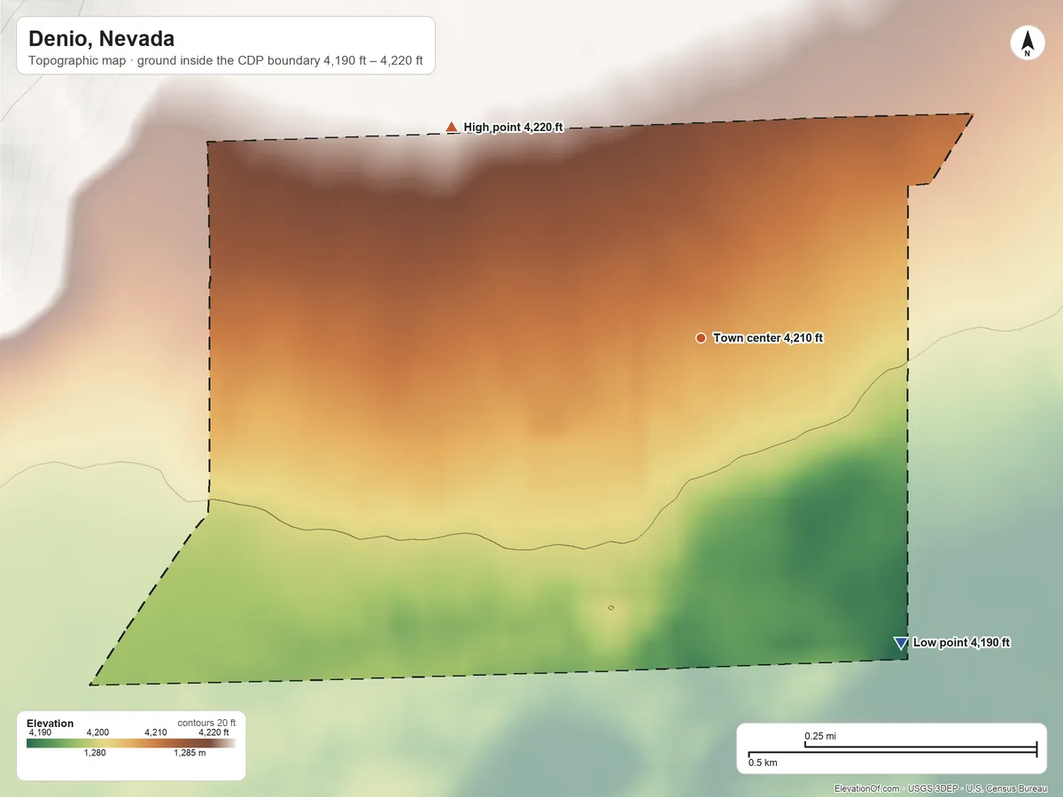 Topographic elevation map of Denio, Nevada, shaded from 4,190 ft on the southeast side to 4,220 ft at the foot of the Bilk Creek Mountains