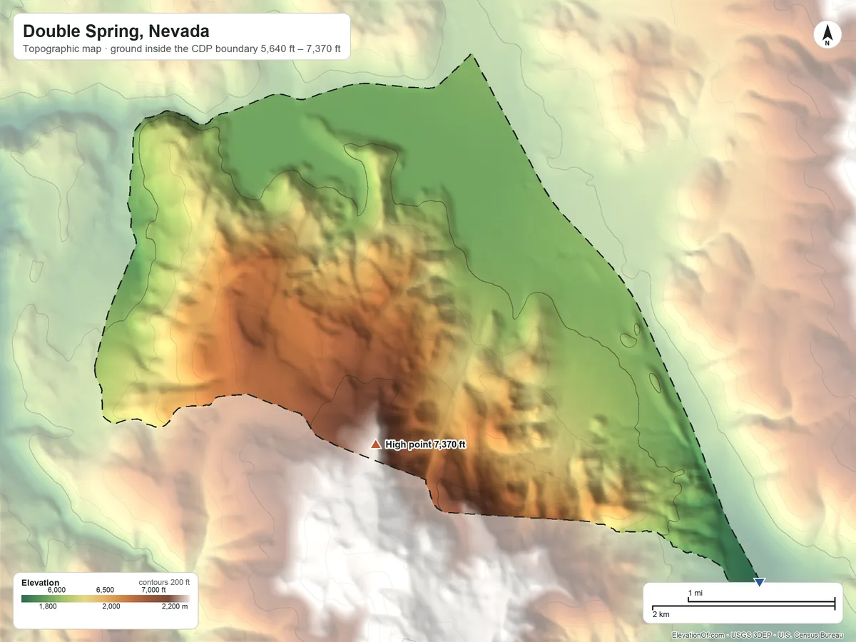 Topographic elevation map of Double Spring, Nevada, shaded from 5,640 ft on the southeast side to 7,370 ft at the foot of the Pine Nut Mountains