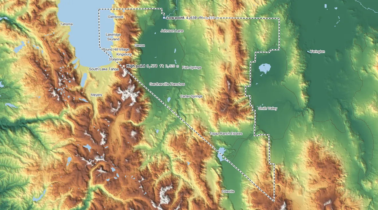 Topographic elevation map of Douglas County, Nevada, shaded from 4,630 ft on the north side to 9,570 ft on East Peak