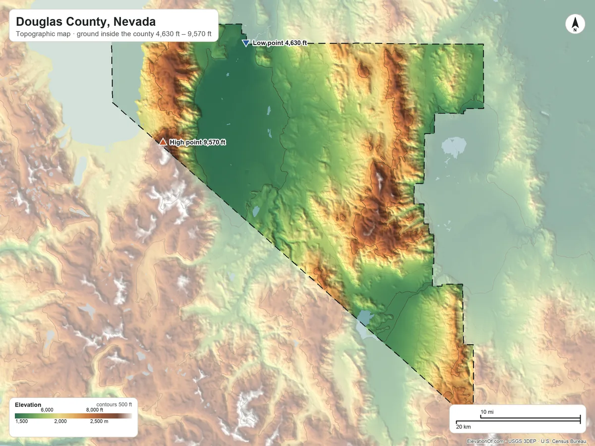 Topographic elevation map of Douglas County, Nevada, shaded from 4,630 ft on the north side to 9,570 ft on East Peak