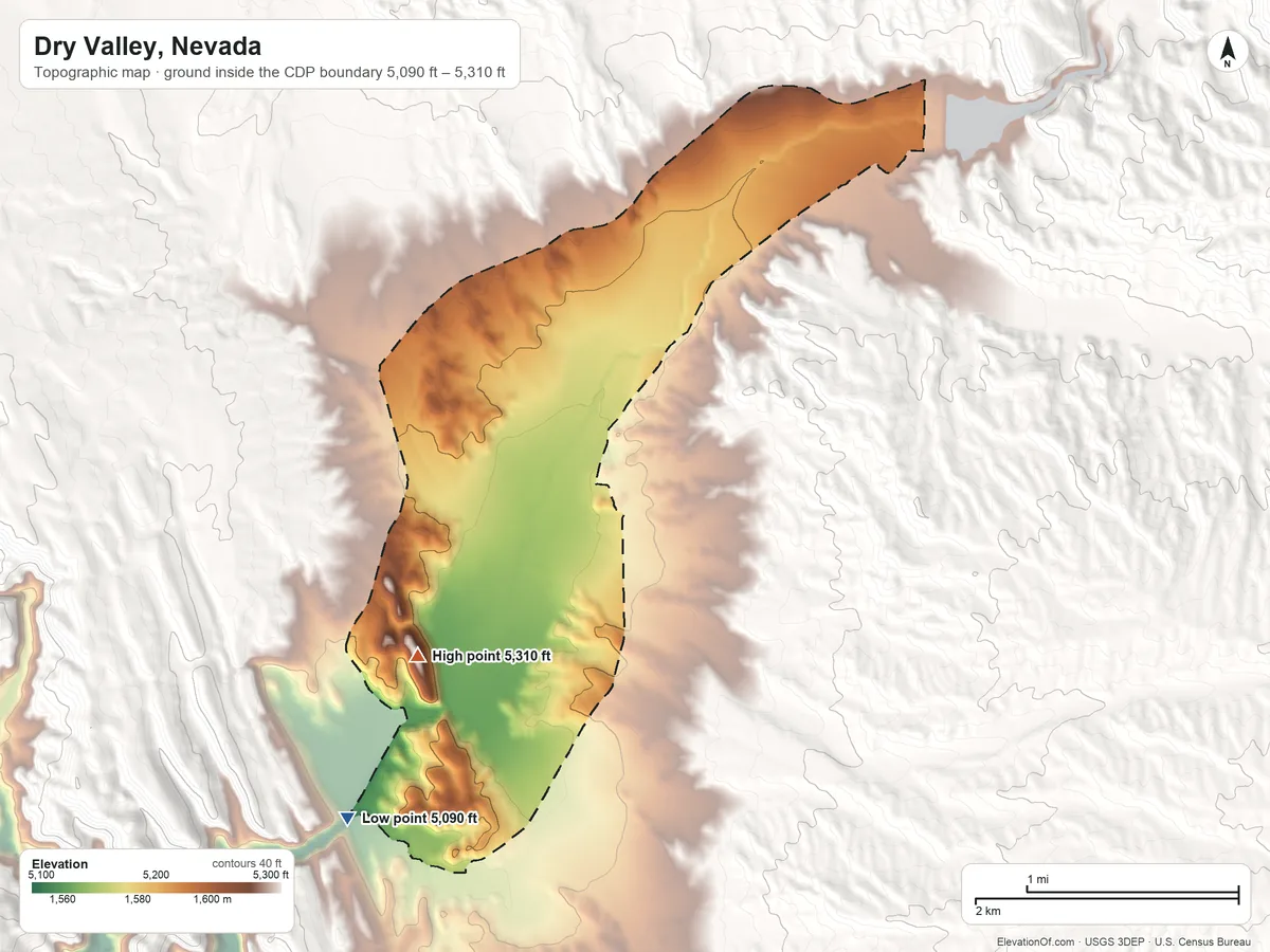 Topographic elevation map of Dry Valley, Nevada, shaded from 5,090 ft on the southwest side to 5,310 ft at the foot of the Pioche Hills