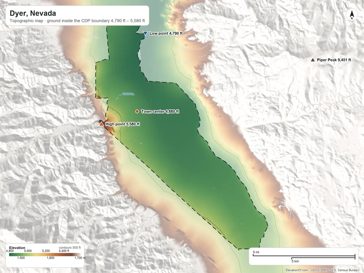 Topographic elevation map of Dyer, Nevada, shaded from 4,790 ft on the north side to 5,580 ft at the foot of the Silver Peak Range