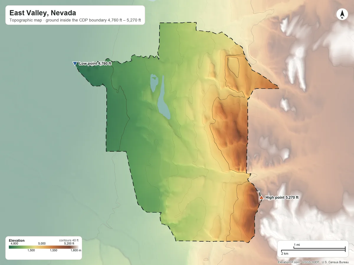 Topographic elevation map of East Valley, Nevada, shaded from 4,760 ft on the northwest side to 5,270 ft on the southeast side