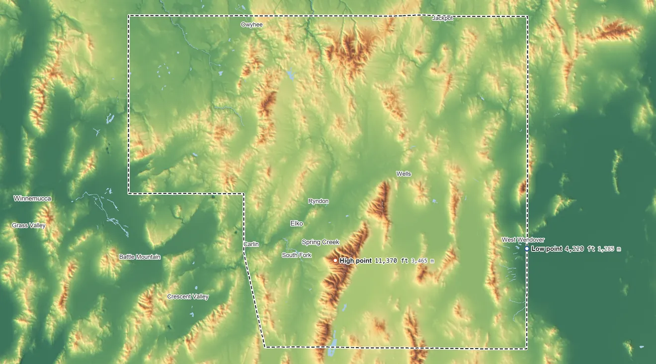 Topographic elevation map of Elko County, Nevada, shaded from 4,220 ft on the east side to 11,370 ft on Ruby Dome