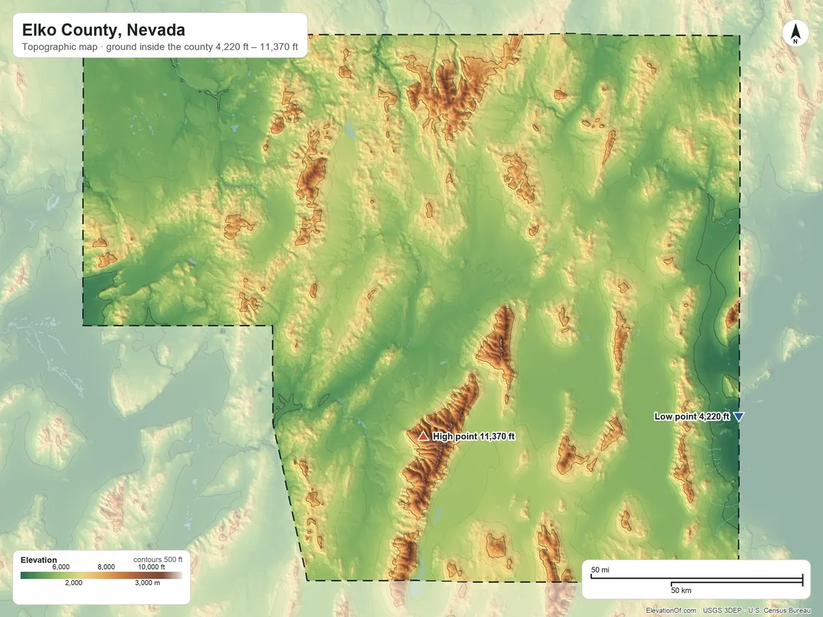 Topographic elevation map of Elko County, Nevada, shaded from 4,220 ft on the east side to 11,370 ft on Ruby Dome