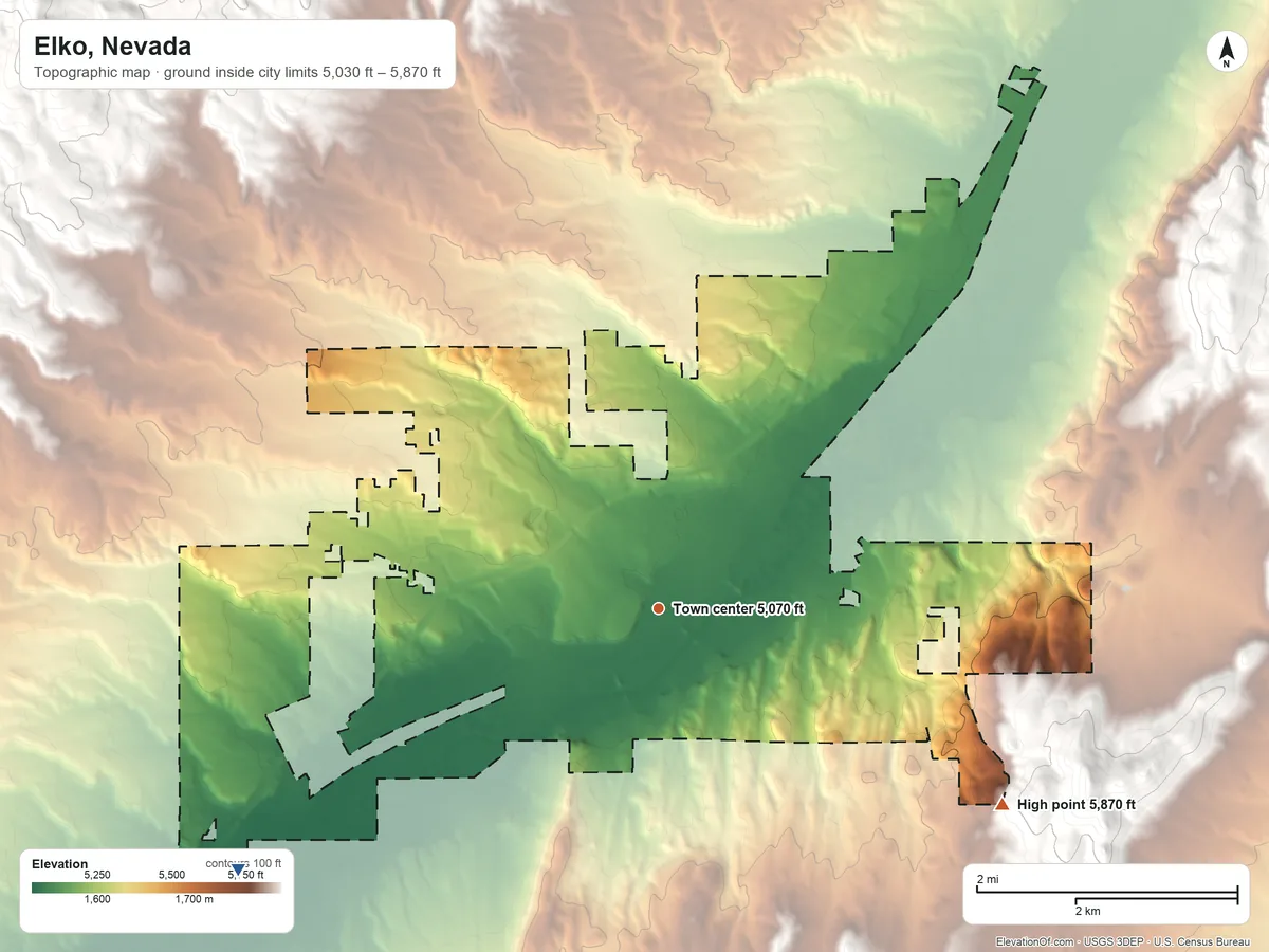 Topographic elevation map of Elko, Nevada, shaded from 5,030 ft on the southwest side to 5,870 ft at the foot of the Elko Hills