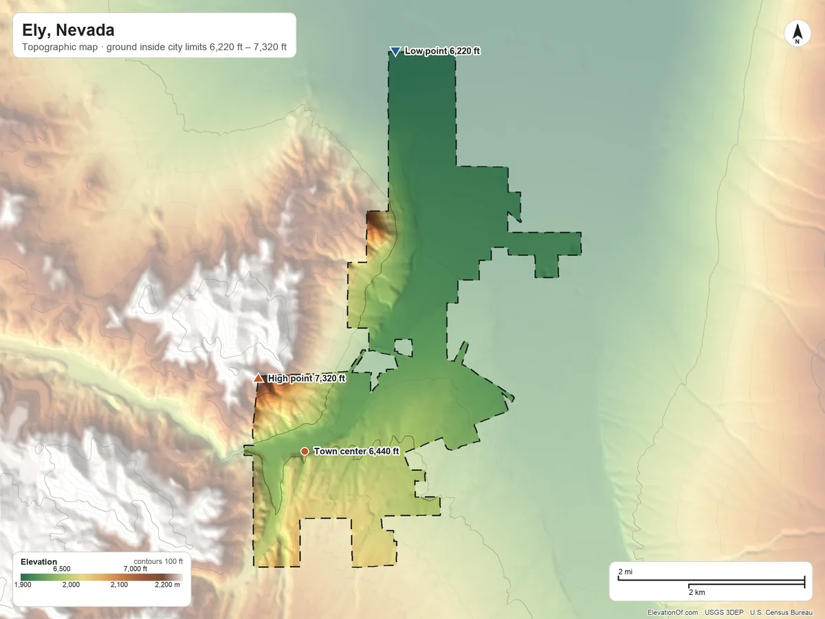 Topographic elevation map of Ely, Nevada, shaded from 6,220 ft on the north side to 7,320 ft at the foot of the Duck Creek Range