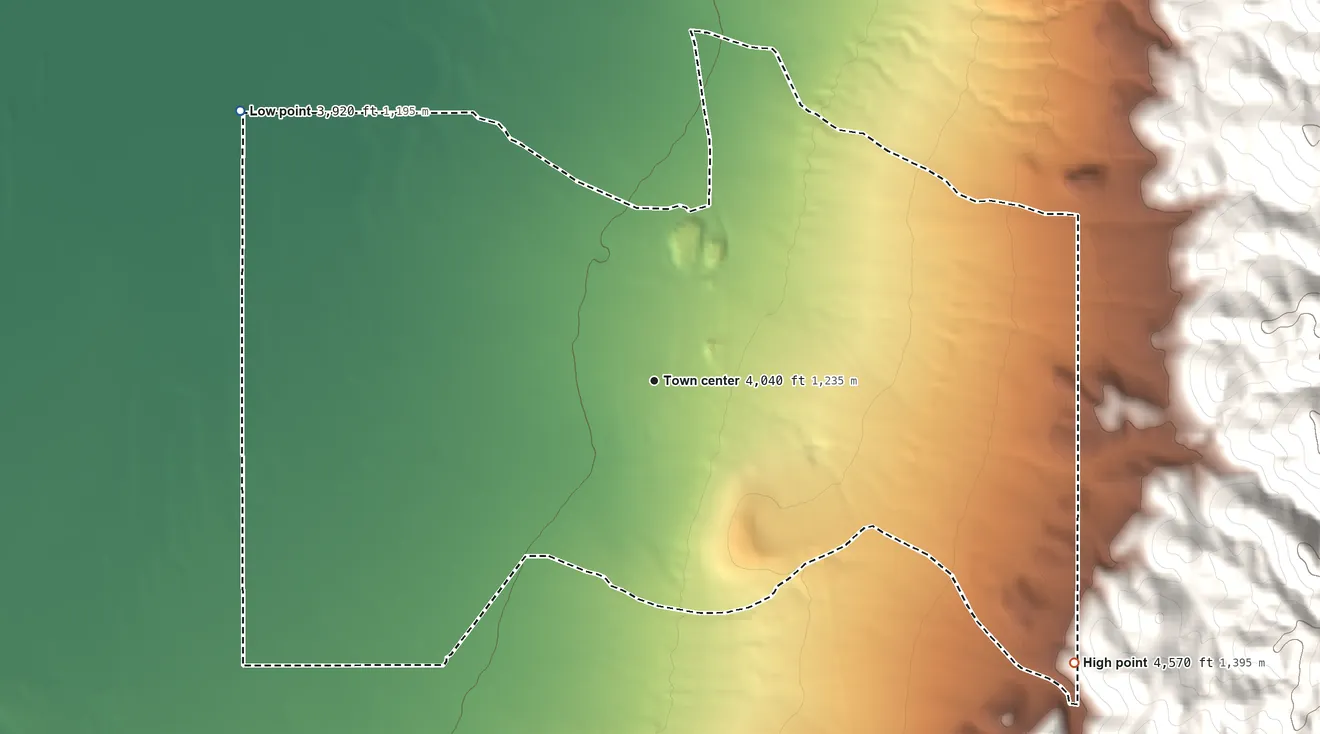 Topographic elevation map of Empire, Nevada, shaded from 3,920 ft on the northwest side to 4,570 ft at the foot of the Selenite Range