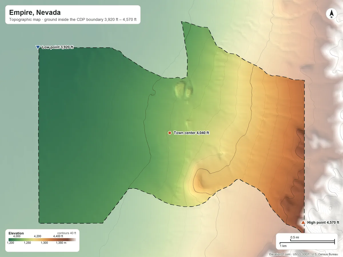 Topographic elevation map of Empire, Nevada, shaded from 3,920 ft on the northwest side to 4,570 ft at the foot of the Selenite Range
