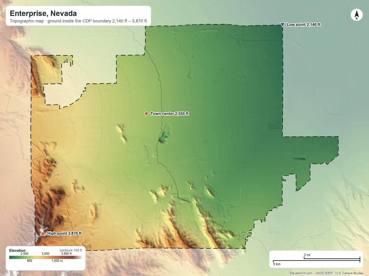 Topographic elevation map of Enterprise, Nevada, shaded from 2,140 ft on the northeast side to 3,870 ft on the southwest side