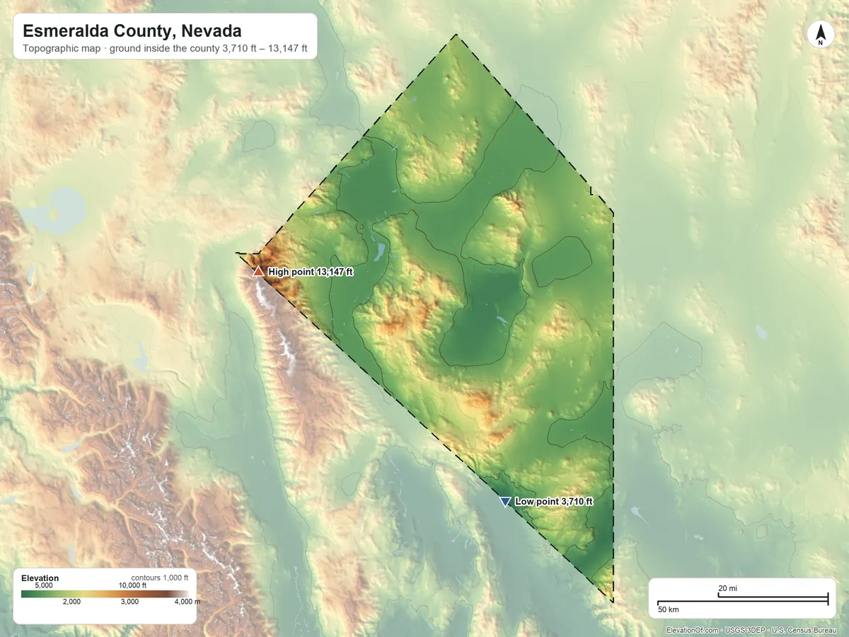 Topographic elevation map of Esmeralda County, Nevada, shaded from 3,710 ft on the southeast side to 13,147 ft on Boundary Peak