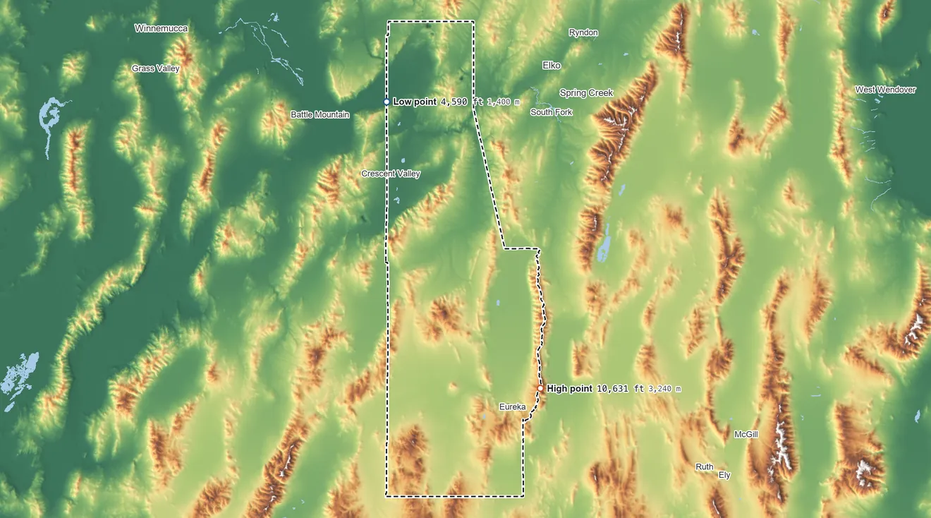 Topographic elevation map of Eureka County, Nevada, shaded from 4,590 ft on the northwest side to 10,631 ft on Diamond Peak