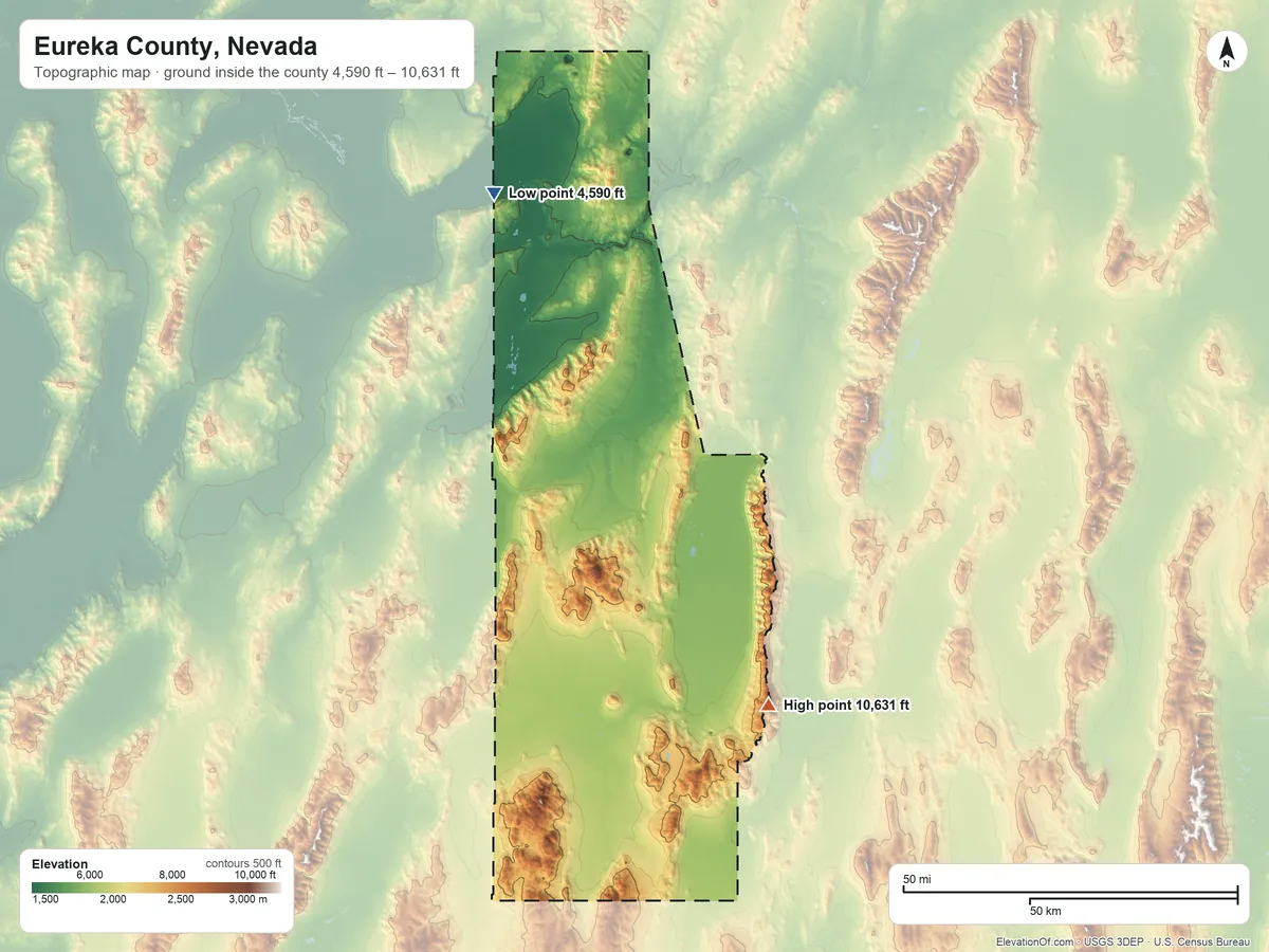 Topographic elevation map of Eureka County, Nevada, shaded from 4,590 ft on the northwest side to 10,631 ft on Diamond Peak