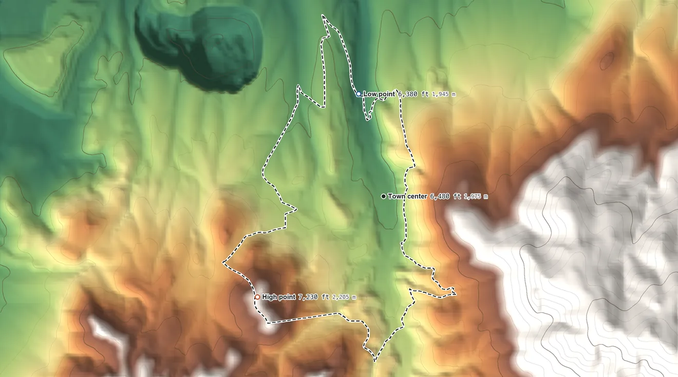 Topographic elevation map of Eureka, Nevada, shaded from 6,380 ft on the north side to 7,230 ft on the southwest edge, below higher ground just outside