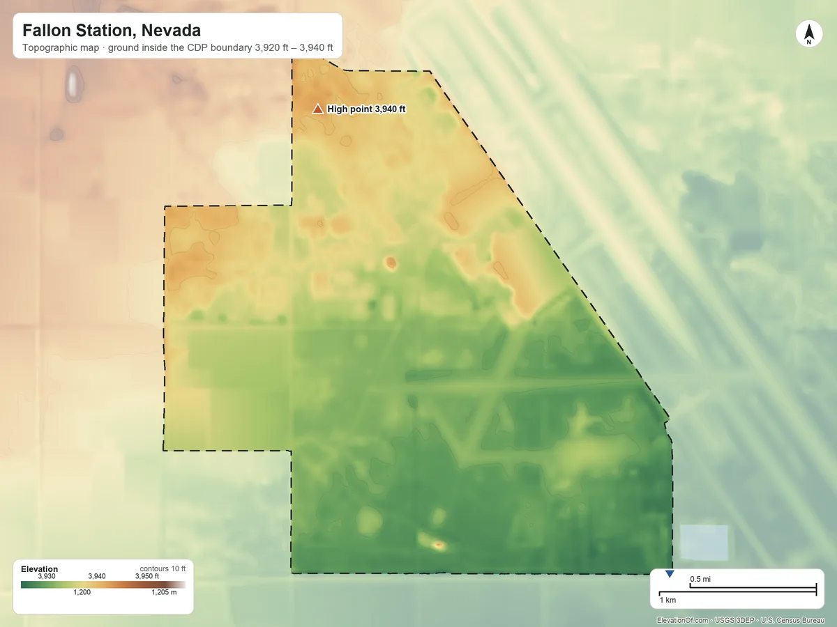 Topographic elevation map of Fallon Station, Nevada, shaded from 3,920 ft on the southeast side to 3,940 ft on the northeast side
