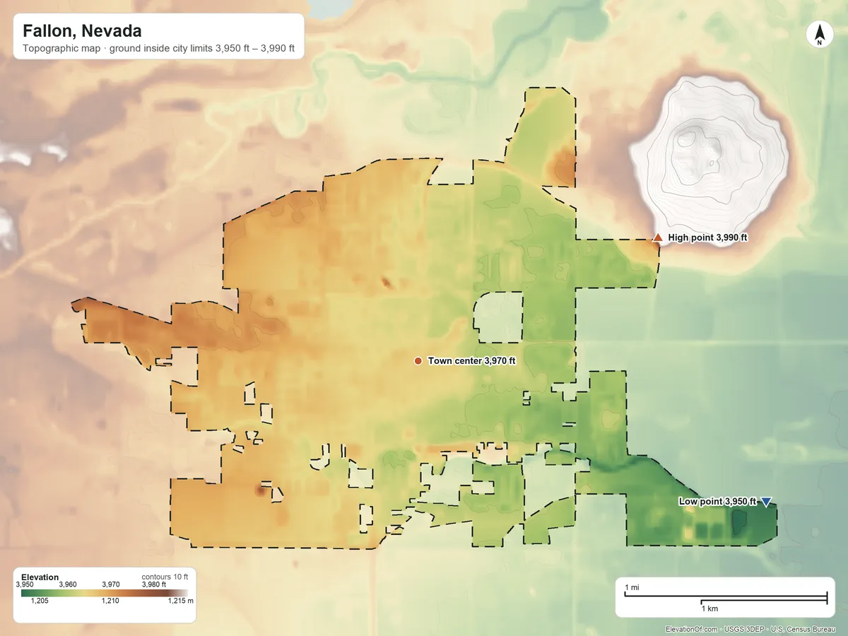 Topographic elevation map of Fallon, Nevada, shaded from 3,950 ft on the east side to 3,990 ft on the northeast side