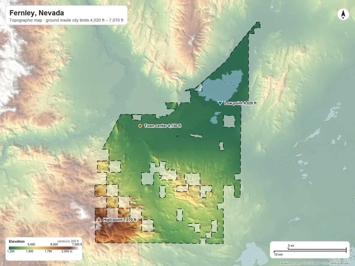 Topographic elevation map of Fernley, Nevada, shaded from 4,020 ft on the east side to 7,070 ft on the southwest side