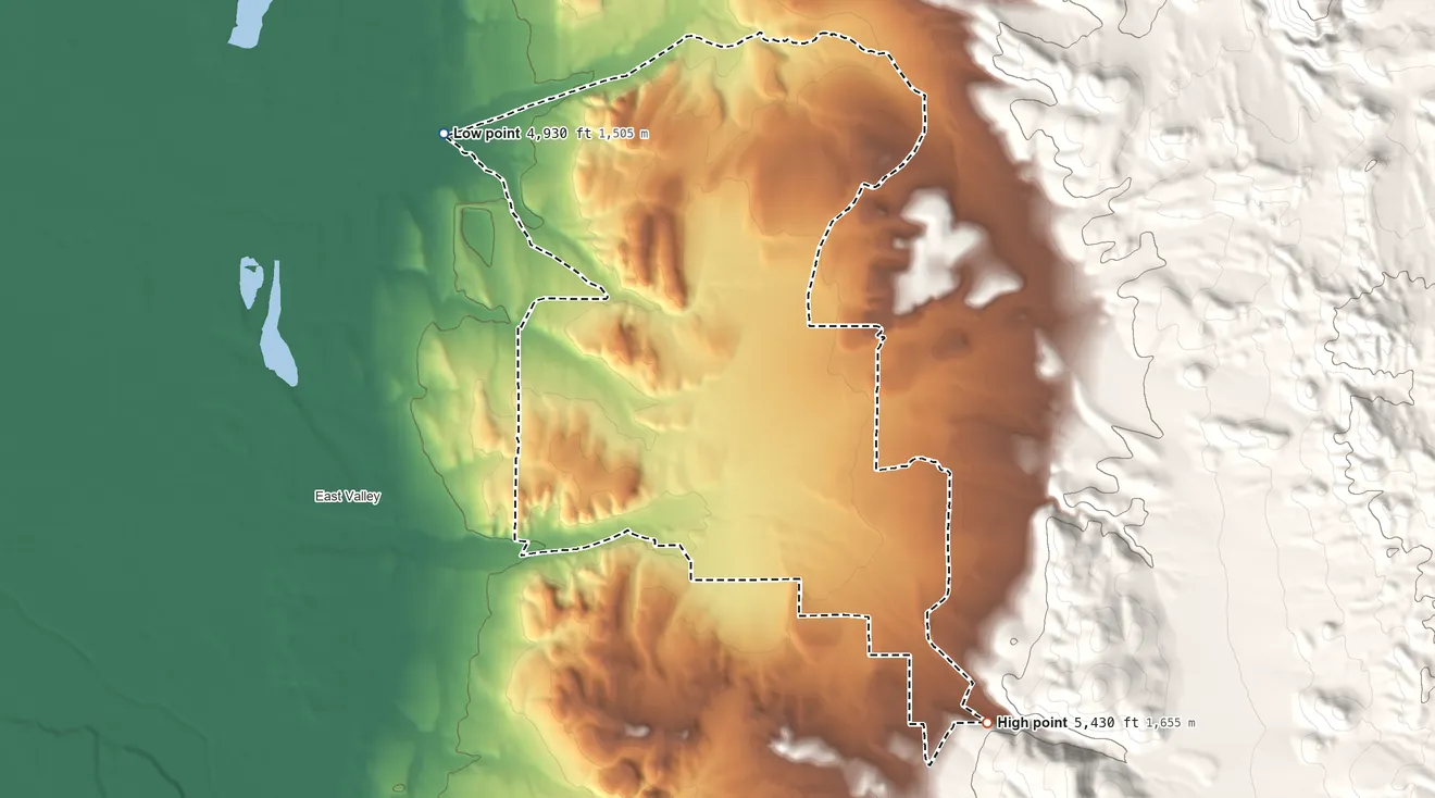 Topographic elevation map of Fish Springs, Nevada, shaded from 4,930 ft on the northwest side to 5,430 ft at the foot of the Pine Nut Mountains