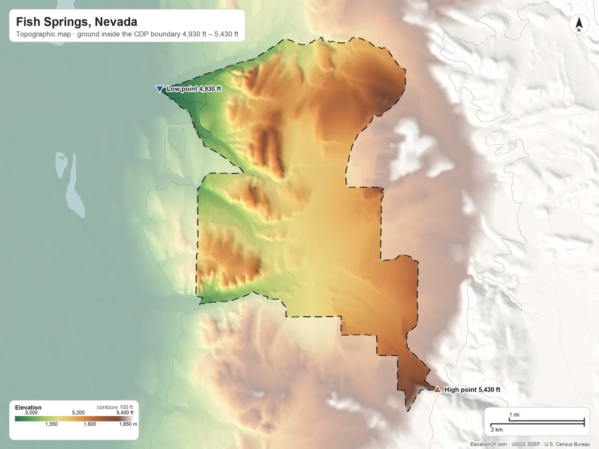 Topographic elevation map of Fish Springs, Nevada, shaded from 4,930 ft on the northwest side to 5,430 ft at the foot of the Pine Nut Mountains