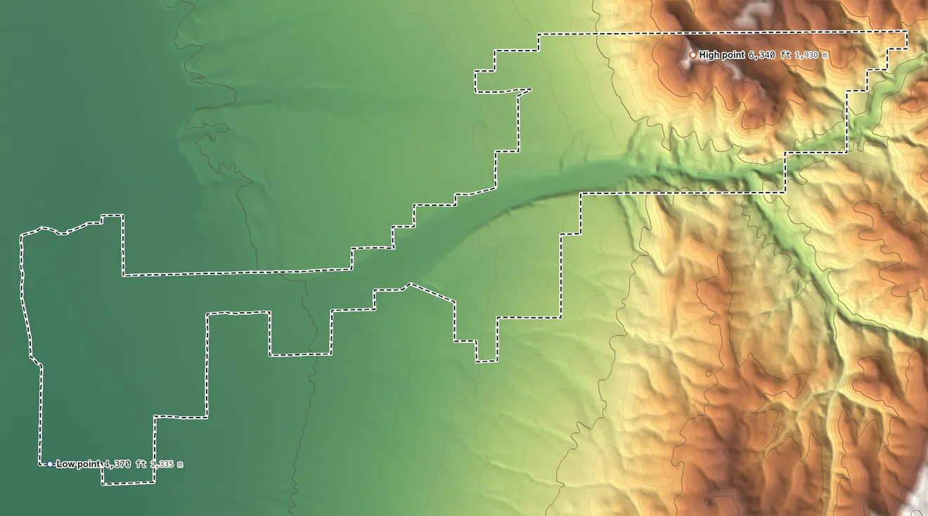 Topographic elevation map of Fort McDermitt, Nevada, shaded from 4,370 ft on the southwest side to 6,340 ft on Minerva Peak