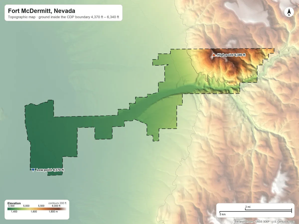 Topographic elevation map of Fort McDermitt, Nevada, shaded from 4,370 ft on the southwest side to 6,340 ft on Minerva Peak