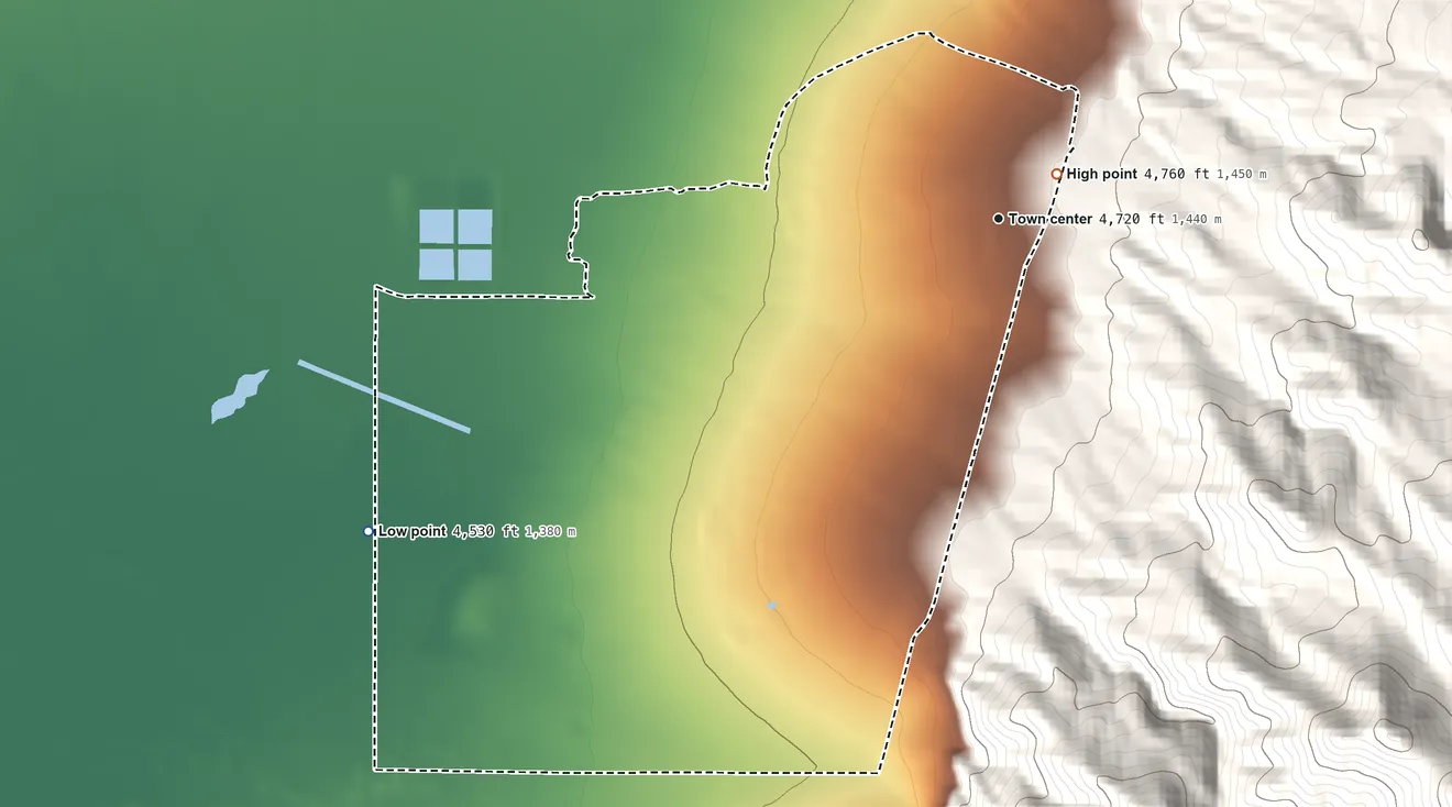 Topographic elevation map of Gabbs, Nevada, shaded from 4,530 ft on the southwest side to 4,760 ft at the foot of the Paradise Range