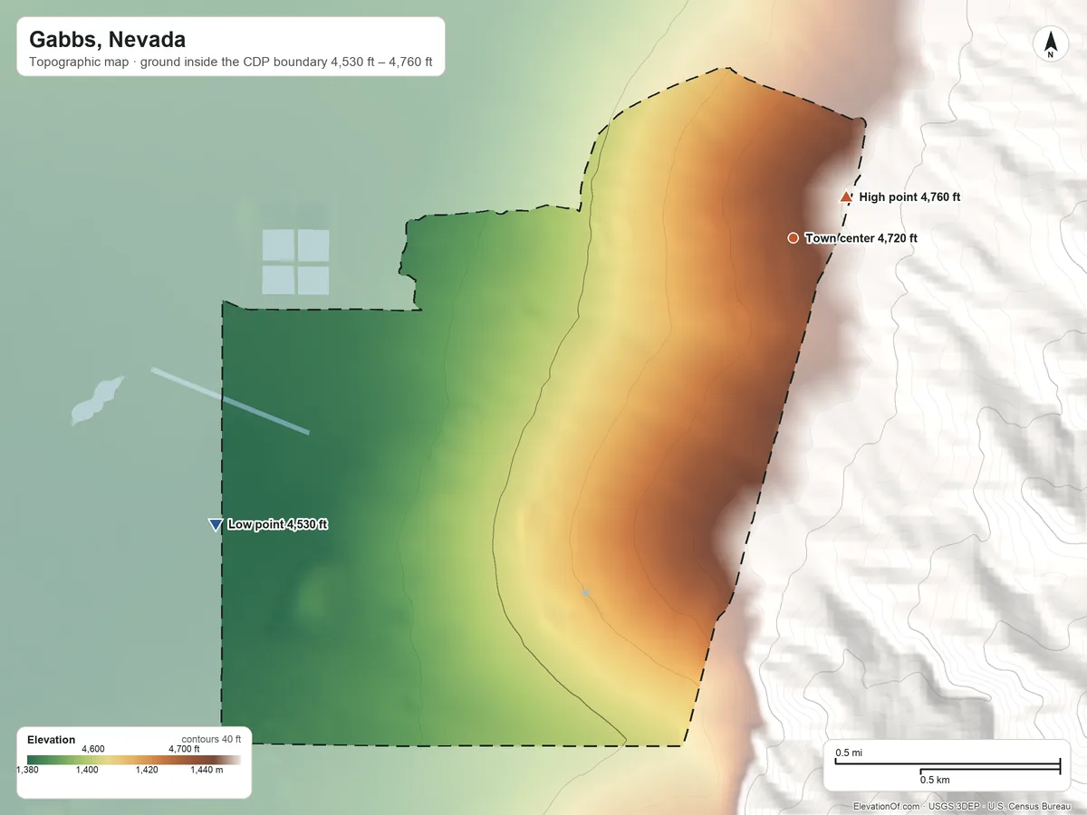 Topographic elevation map of Gabbs, Nevada, shaded from 4,530 ft on the southwest side to 4,760 ft at the foot of the Paradise Range