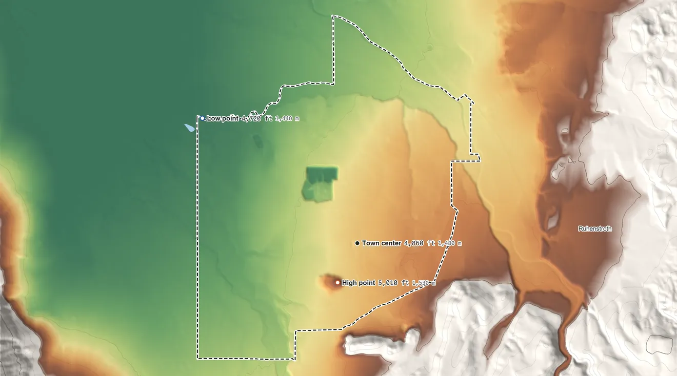 Topographic elevation map of Gardnerville Ranchos, Nevada, shaded from 4,720 ft on the northwest side to 5,010 ft at the foot of the Indian Hills