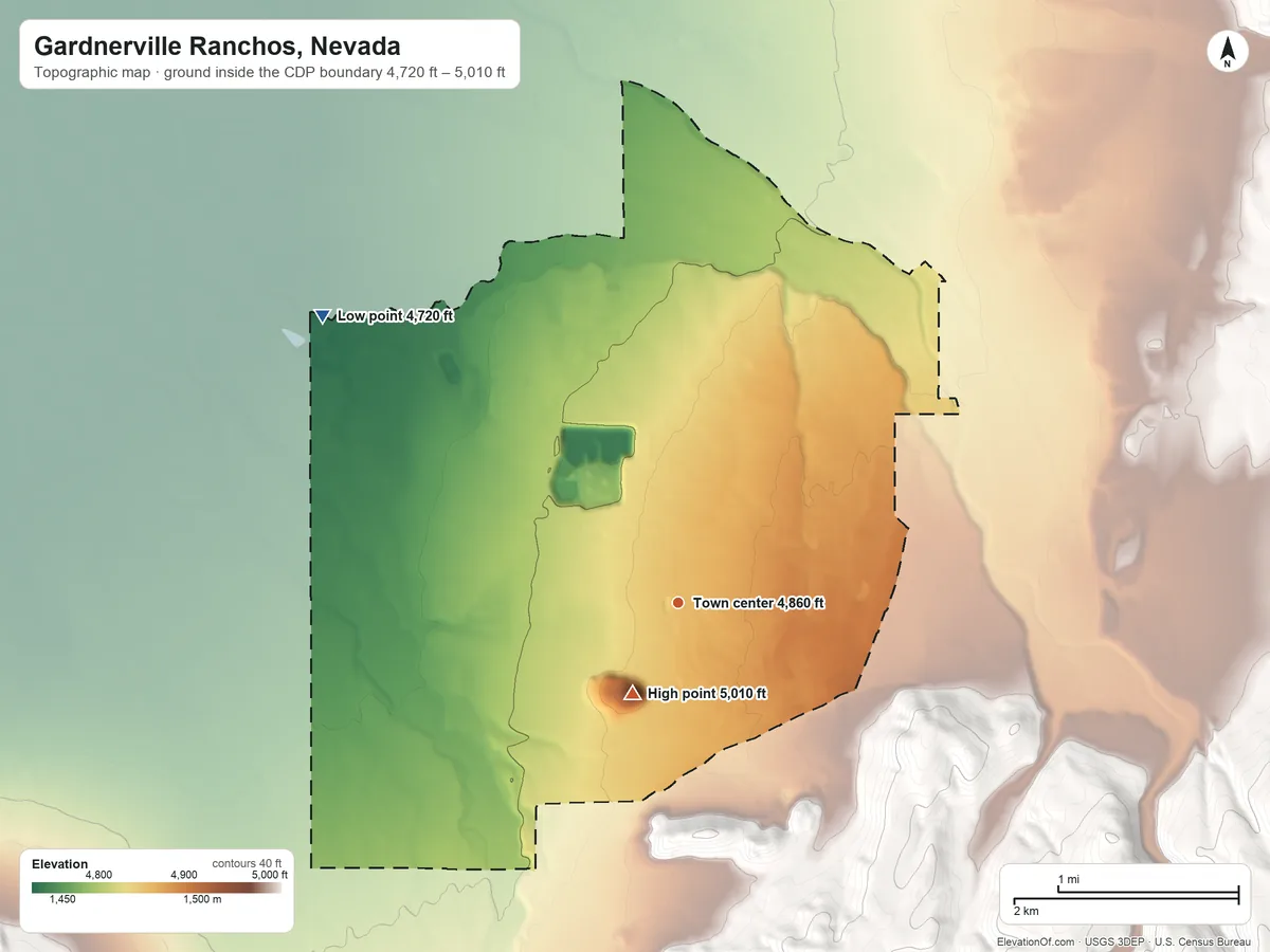 Topographic elevation map of Gardnerville Ranchos, Nevada, shaded from 4,720 ft on the northwest side to 5,010 ft at the foot of the Indian Hills